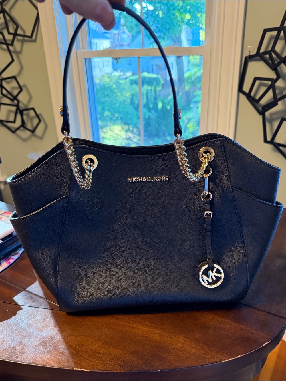 Michael Kors Black Saffiano Shoulder Tote with Gold Hardware